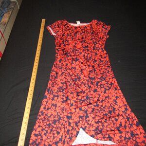 24 7 Dress Women Size Large Red Blue Round Neckline Floral Midi Knee Length  Goo